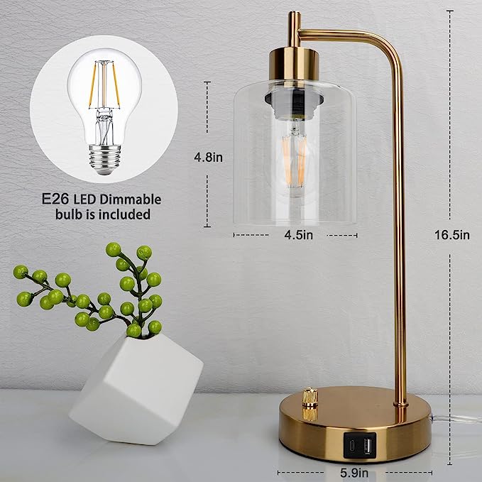 Gold Industrial Table Lamp with 2 USB Ports, Vintage Desk Lamp, 3-Way Dimmable Bedside Reading Lamp with Glass Shade for Bedroom Living Room Office, LED Nightstand Lamp with E26 Bulb