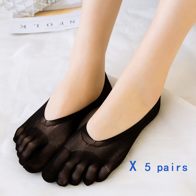 5 Pairs Five Finger Boat Socks Women Spring Summer Thin Plain Weave Shallow Mouth Velvet Ice Silk Sweat Absorbent Toe Socks