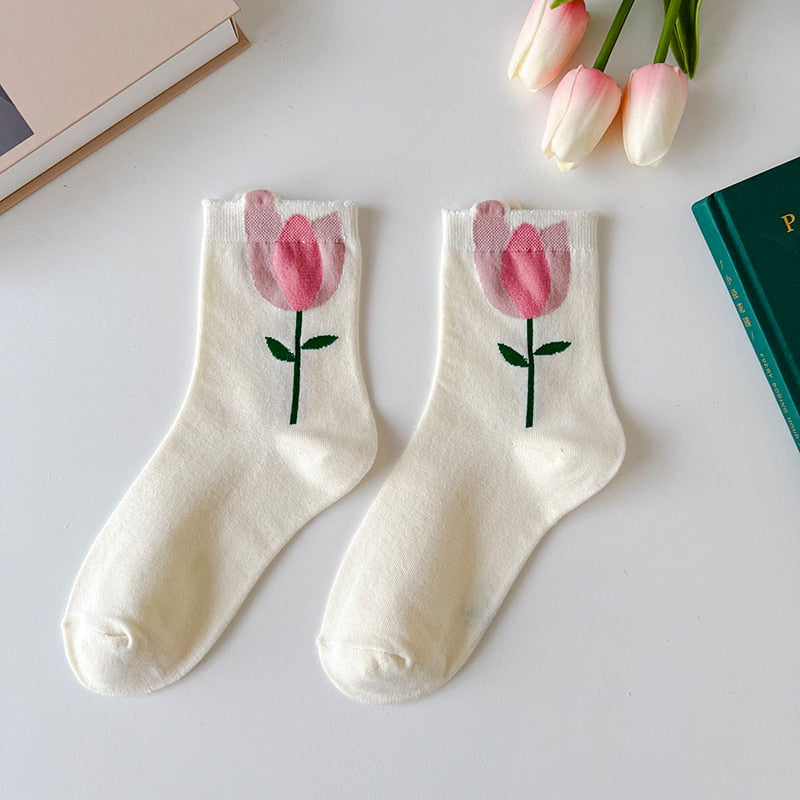 1 Pair Women Socks Japanese Korean Style Cartoon Flower Candy Color Harajuku Kawaii Mid Tube Socks Breathable Casual Short Socks